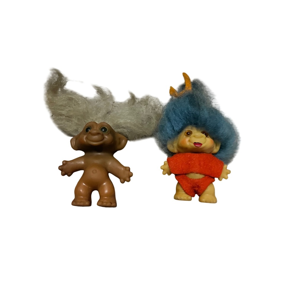 Vintage Troll Doll Lot 2pc Miniature Figures Grey Blue Hair Retro Toys